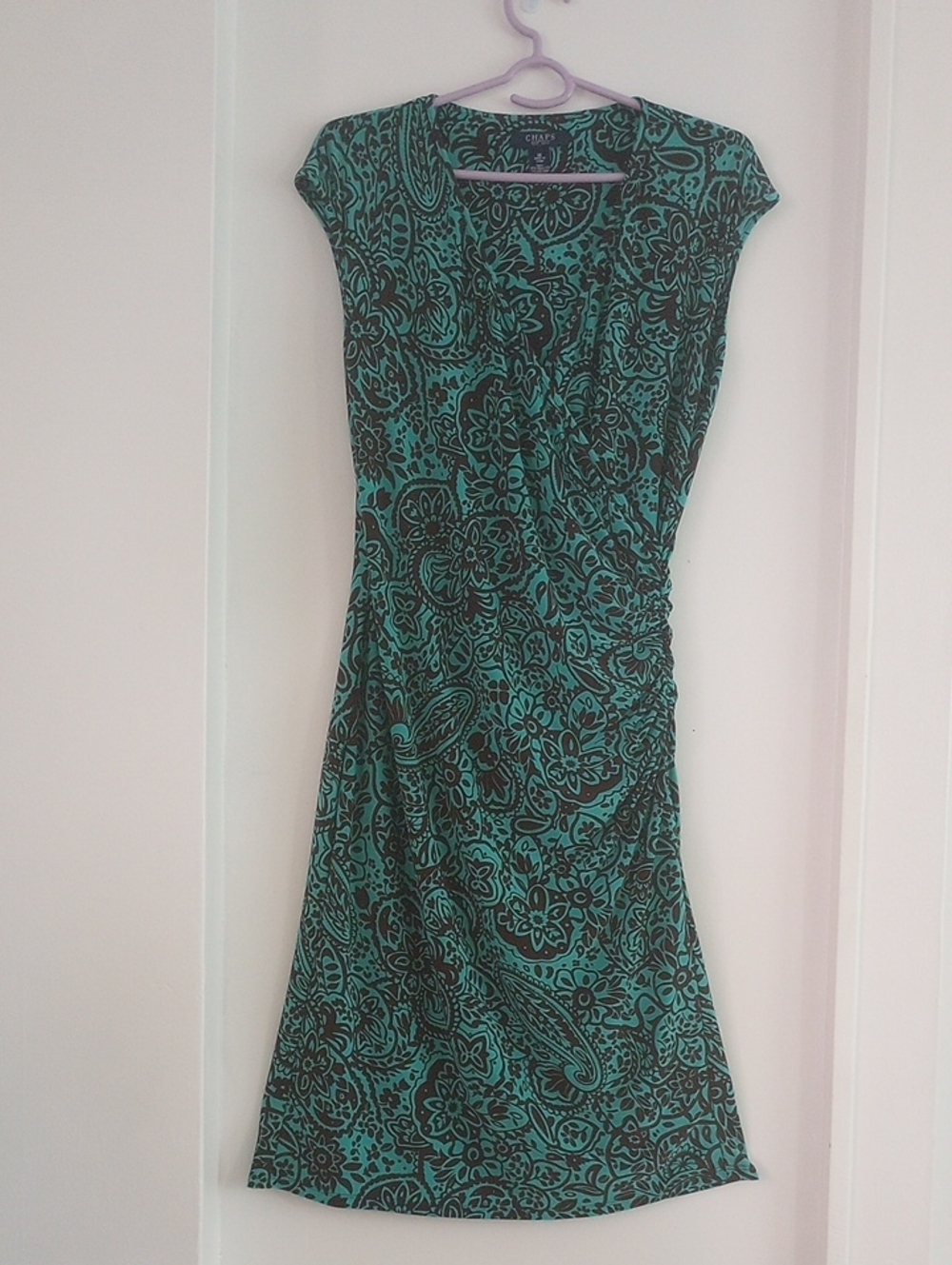 Chaps Teal Deep Brown Paisley Midi Ruched Dress Size Medium